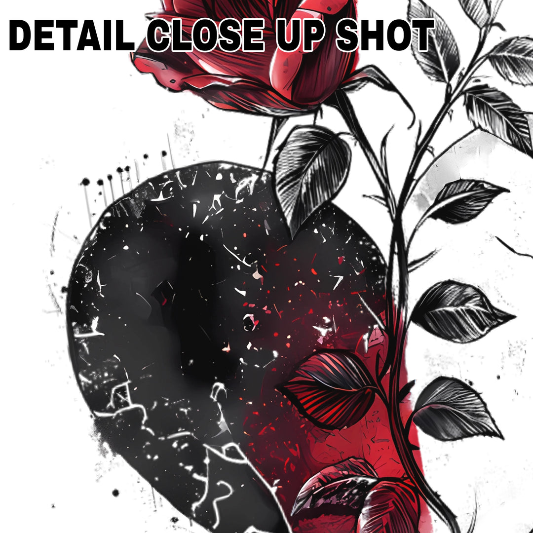 Gothic Valentine DTF transfer design featuring red roses growing from a black and white distressed heart with splattered grunge texture effects