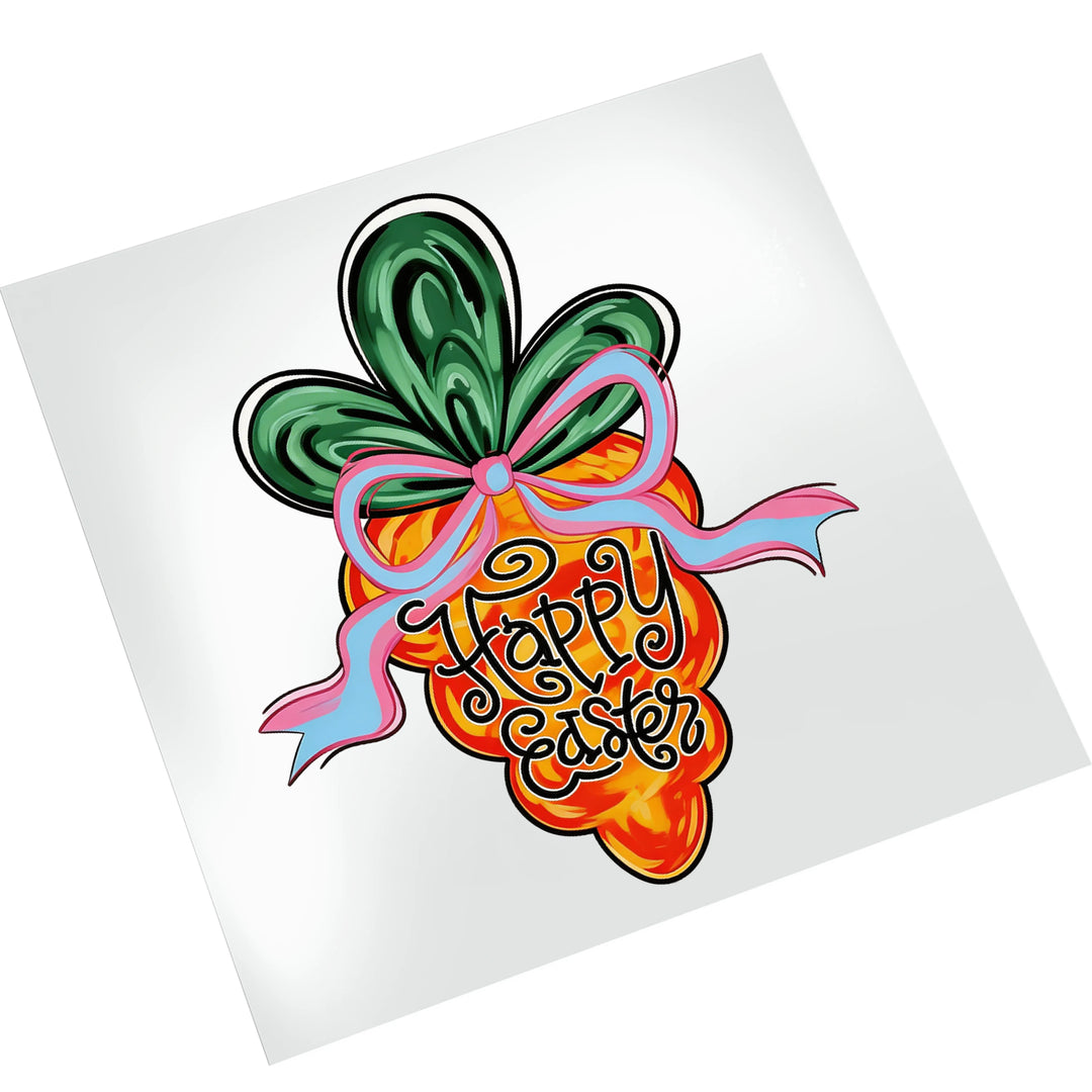 Happy Easter carrot DTF transfer with dimensional ribbon bow design displayed on clean white background for easy viewing