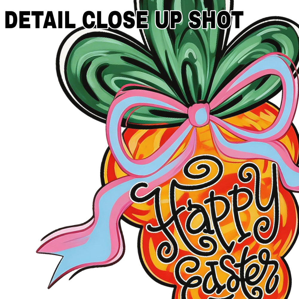 Easter DTF transfer design featuring orange textured carrot with green leafy top and pink ribbon bow with Happy Easter text on transparent background