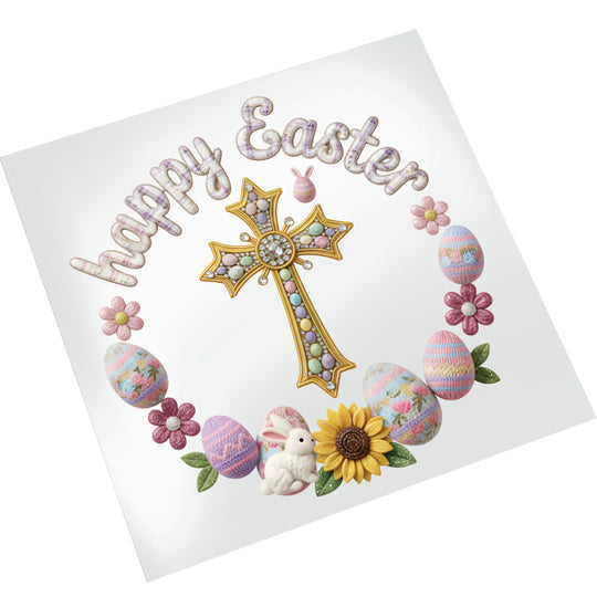 Easter cross wreath DTF transfer on white background displaying dimensional golden cross with sequin details surrounded by pastel Easter eggs and spring florals