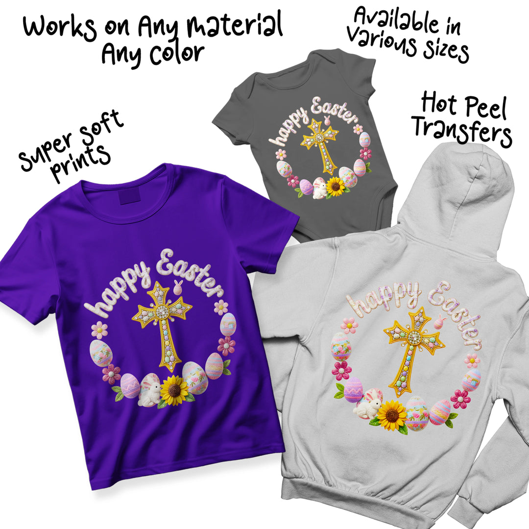 Multi-color Easter DTF transfer variations showing cross wreath design in different colorways with dimensional cross and Easter egg decorations