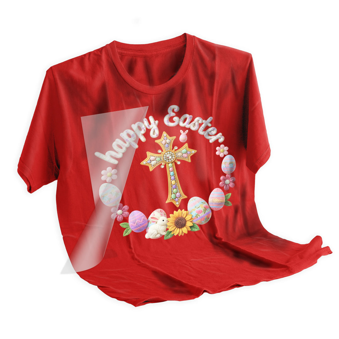Easter cross wreath DTF transfer applied to dark colored t-shirt showing dimensional golden cross and colorful Easter decorations heat pressed on fabric