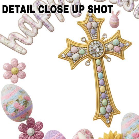 Easter DTF transfer design showing Happy Easter text with golden dimensional cross centerpiece surrounded by colorful Easter eggs, spring flowers and bunny decorations in wreath formation