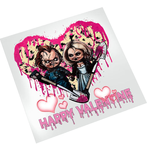 Chucky and bride Valentine DTF transfer on white background showing full design with horror couple, pink heart, and Valentine's Day text ready to press
