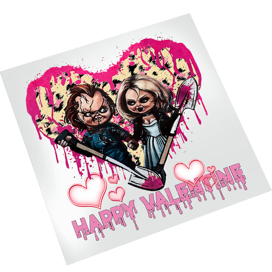 Chucky and bride Valentine DTF transfer on white background showing full design with horror couple, pink heart, and Valentine's Day text ready to press