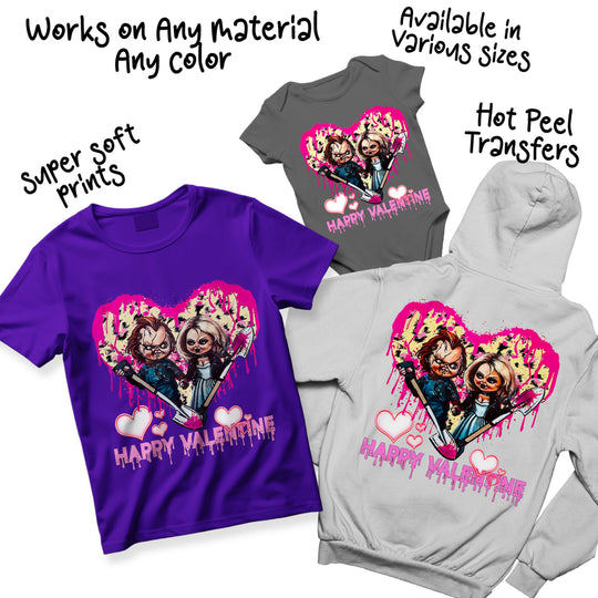 Multiple color variations of Valentine Chucky bride DTF transfer showing different background colors and splatter effects for custom apparel