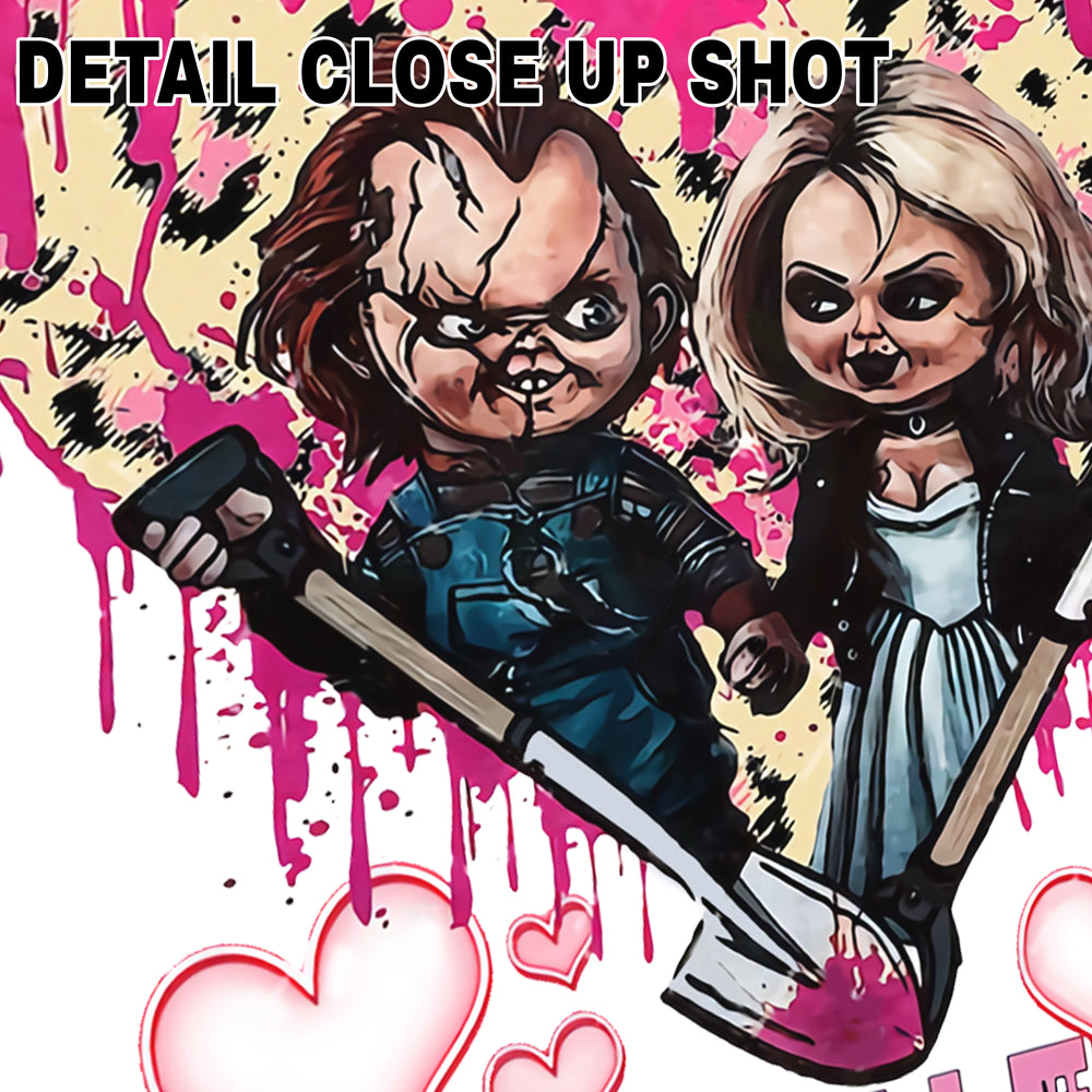 Valentine DTF transfer design featuring Chucky and his bride in romantic pose with pink heart background and blood splatter effects, Happy Valentine text below
