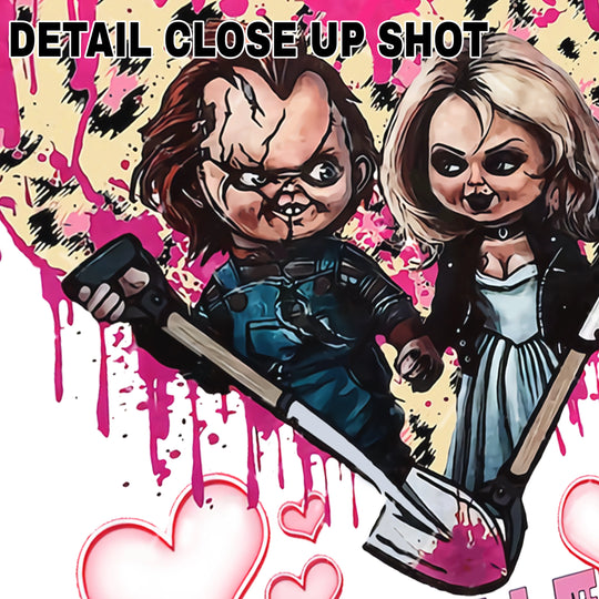 Valentine DTF transfer design featuring Chucky and his bride in romantic pose with pink heart background and blood splatter effects, Happy Valentine text below