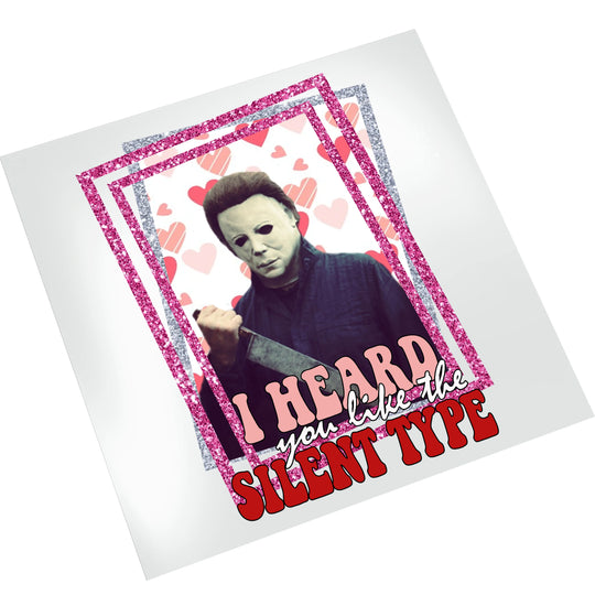 Michael Myers Valentine DTF transfer on white background displaying pink heart pattern and glitter border details for heat press application