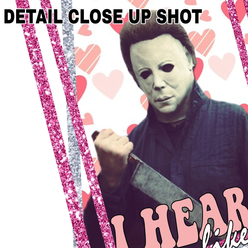 Valentine DTF transfer design showing Michael Myers character surrounded by pink and red hearts with sparkly glitter frame borders