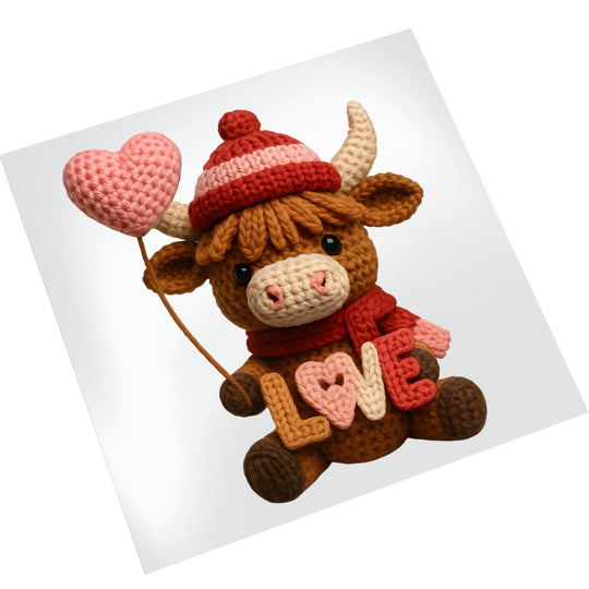 Highland cow Valentine DTF transfer on white background showing yarn-like textured design with heart balloon and winter accessories