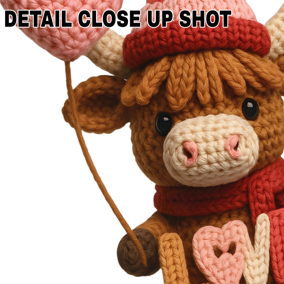 Highland cow Valentine DTF transfer with knitted texture featuring brown cow wearing red winter hat holding pink heart balloon with LOVE letters