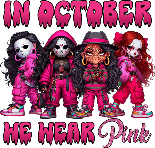 Shirt featuring an "In October We Wear Pink Horror Gang" DTF transfer. Perfect for custom, ready-to-press spooky breast cancer awareness apparel.







