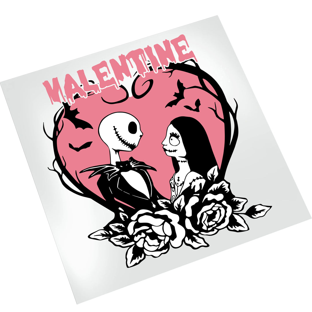 Jack and Sally Valentine DTF transfer on white background showing gothic romance design with heart frame and floral elements ready to press