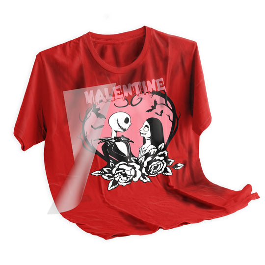 Applied Jack and Sally Valentine DTF transfer on black t-shirt showing final pressed result of gothic romance design