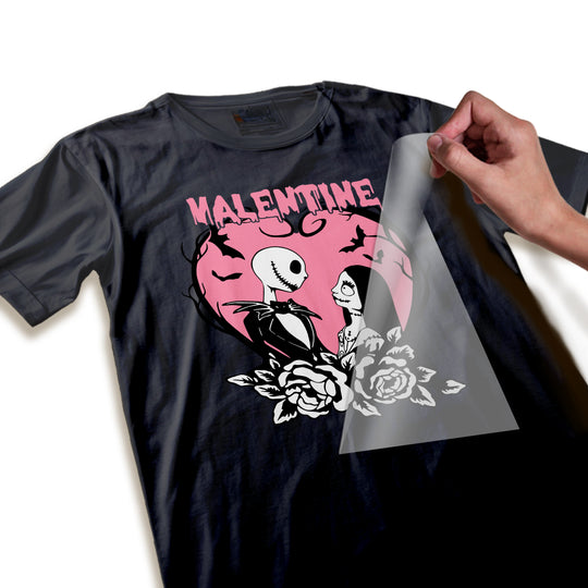 Close-up detail shot of Jack Sally Valentine DTF transfer showing fine line work, character details, and thorny heart frame quality