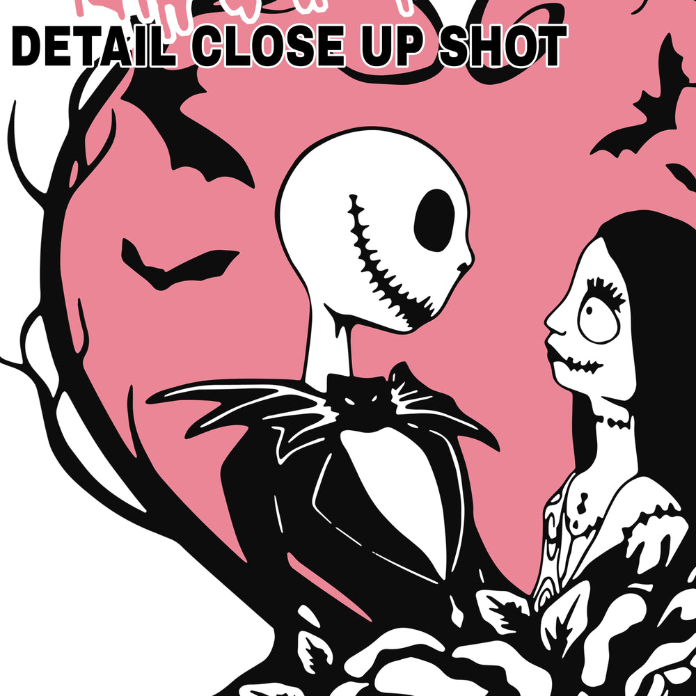Valentine DTF transfer design showing Jack Skellington and Sally in romantic pose within thorny heart frame with roses and bats on pink background