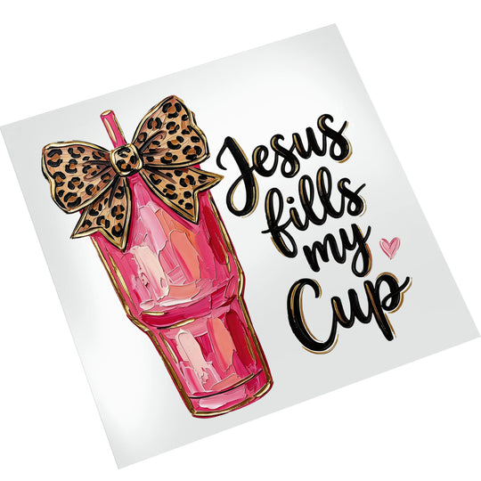 Pink tumbler Jesus DTF transfer mockup on white t-shirt showing watercolor effect and leopard bow detail
