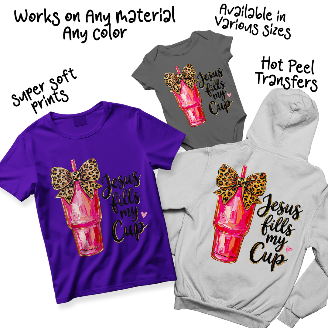 Jesus Fills My Cup DTF transfer color variations showing different tumbler colors and bow patterns for Christian apparel