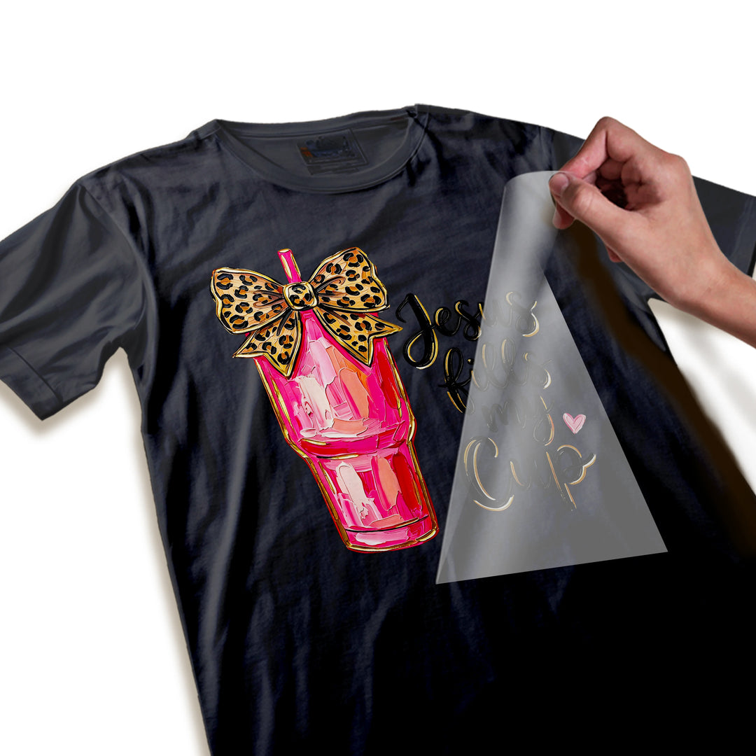 Close-up detail of Jesus Fills My Cup DTF transfer showing watercolor texture quality and leopard print bow intricacy