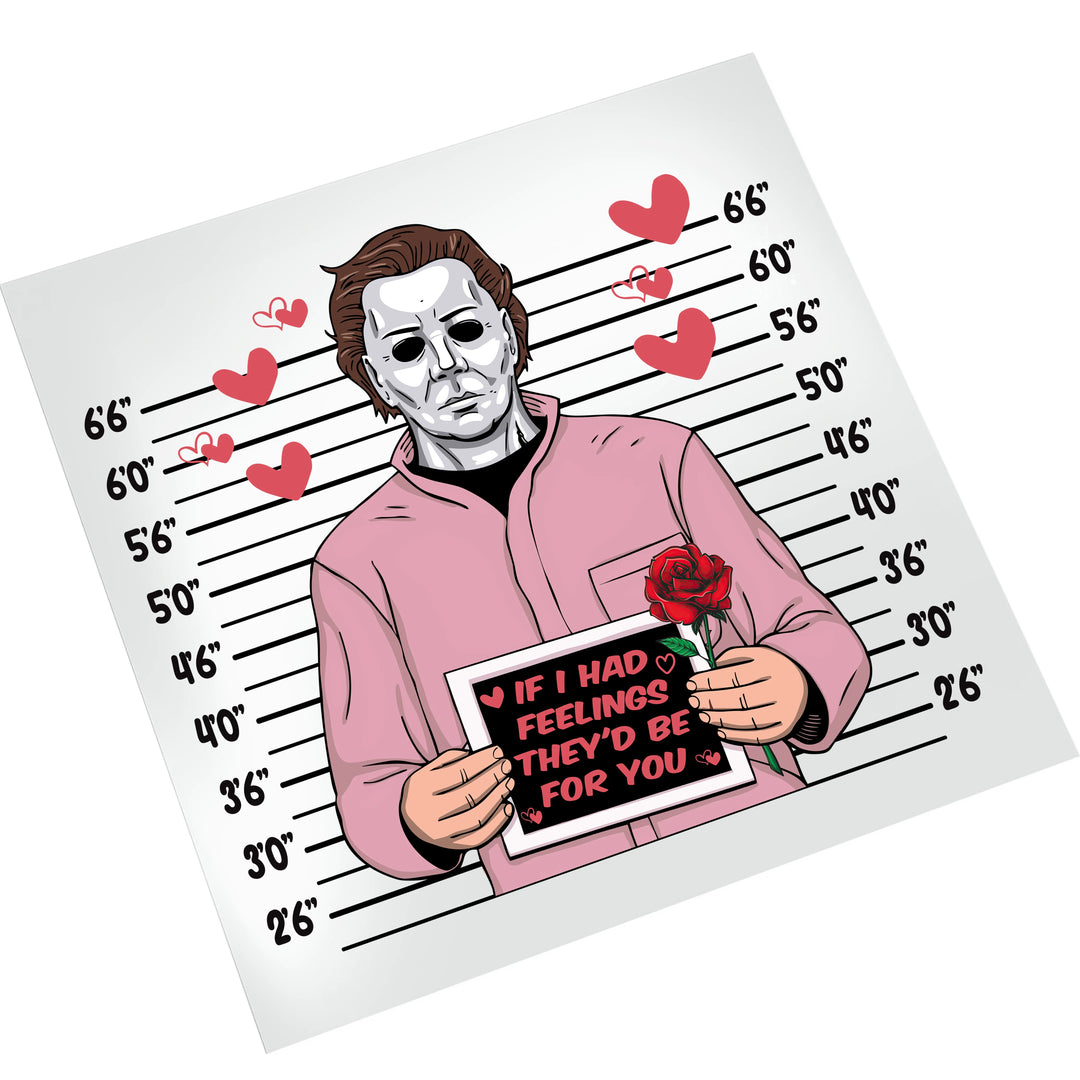 Michael Myers Valentine DTF transfer on white background showing horror character mugshot design with hearts and romantic text ready to press