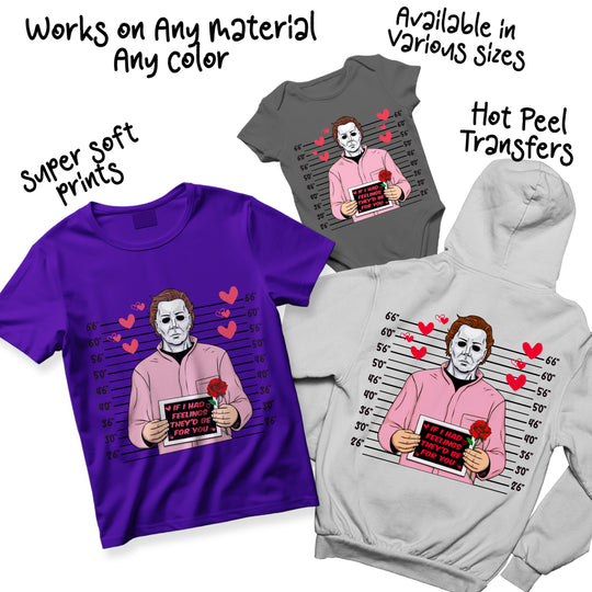 Multi-color Michael Myers Valentine DTF transfer variations showing different colorway options for horror romance mugshot design