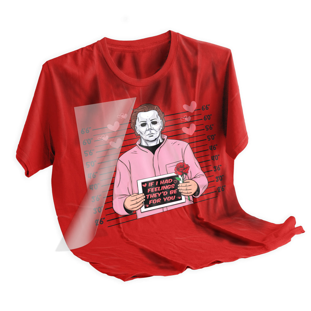 Applied Michael Myers Valentine DTF transfer on dark shirt showing final pressed result of horror character mugshot design with hearts