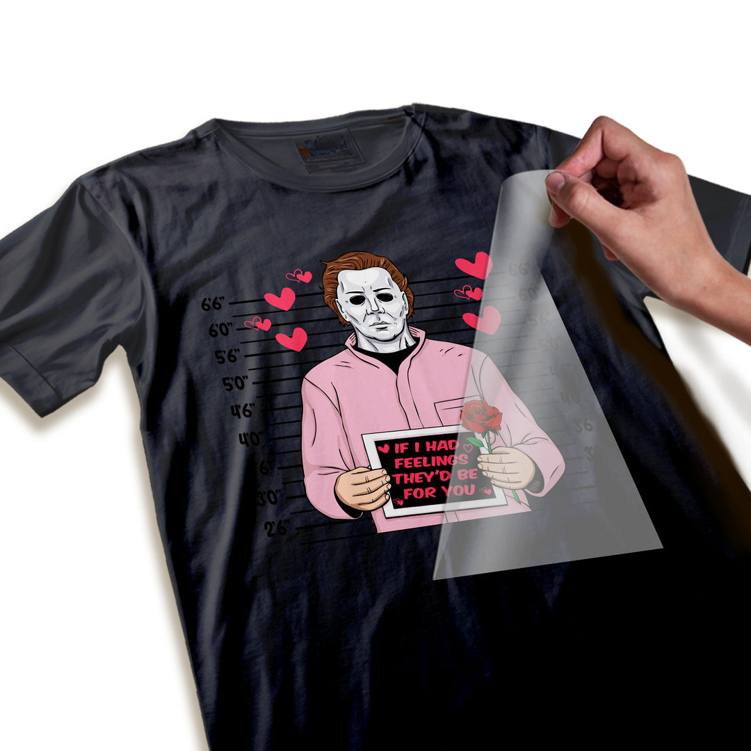 Close-up detail of Michael Myers Valentine DTF transfer showing high-quality print resolution of masked character face and romantic elements