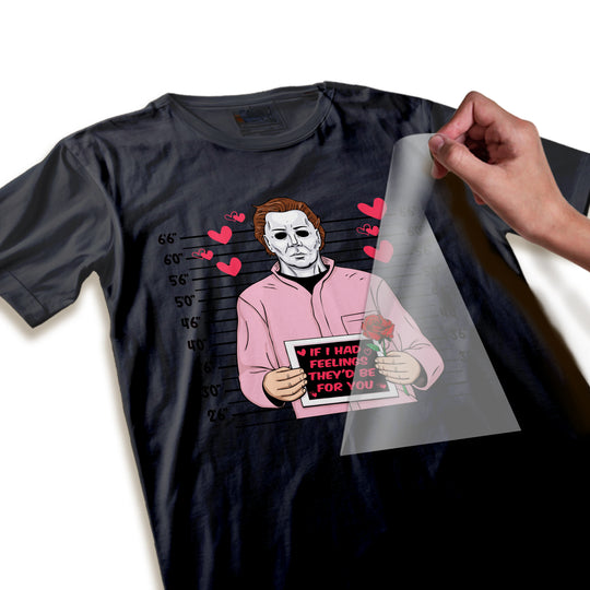 Close-up detail of Michael Myers Valentine DTF transfer showing high-quality print resolution of masked character face and romantic elements