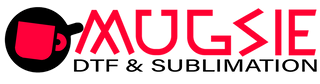 Mugsie DTF & Sublimation logo in black and red, featuring bold text design