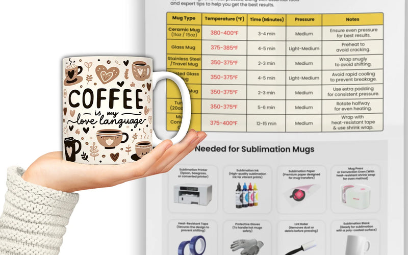 Mugsie Sublimation Mug Time and Temperature Chart showing heat press settings for ceramic, glass, stainless steel, and tumbler mugs, displayed with a custom coffee love language sublimation mug