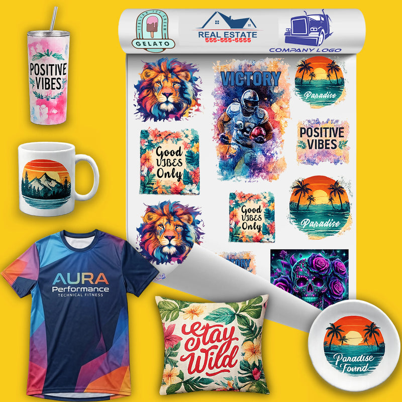 Mugsie sublimation transfers product range including custom sublimation tumblers, mugs, performance shirts, pillows, and ceramic ornaments — printed in USA with vibrant full-color dye-sub designs