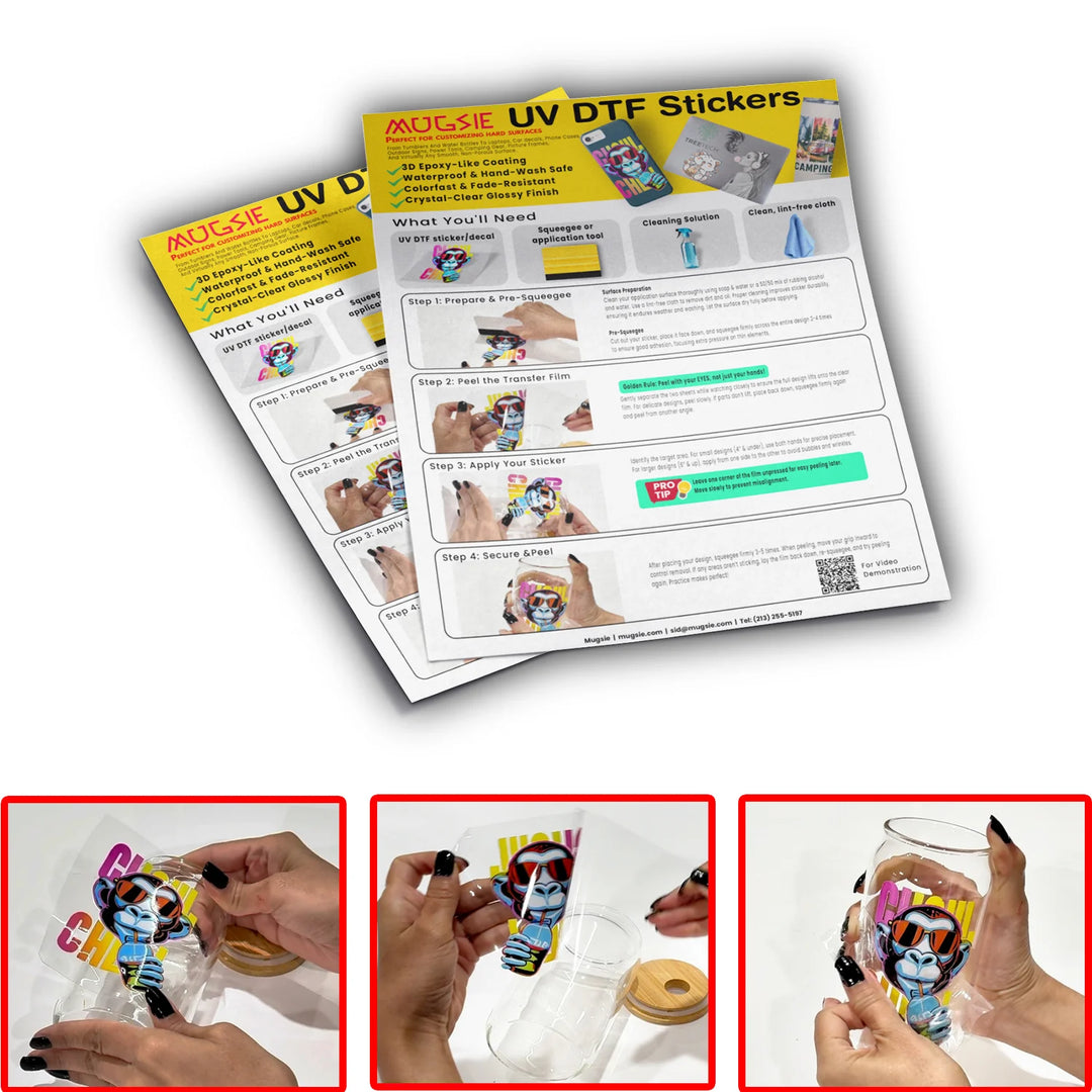 Mugsie UV DTF sticker application guide showing step by step how to apply UV DTF stickers to a Libby glass tumbler