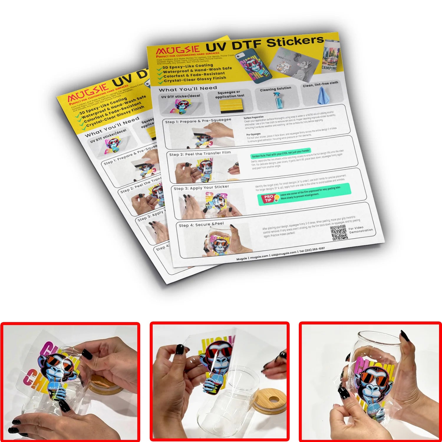 Mugsie UV DTF sticker application guide showing step by step how to apply UV DTF stickers to a Libby glass tumbler