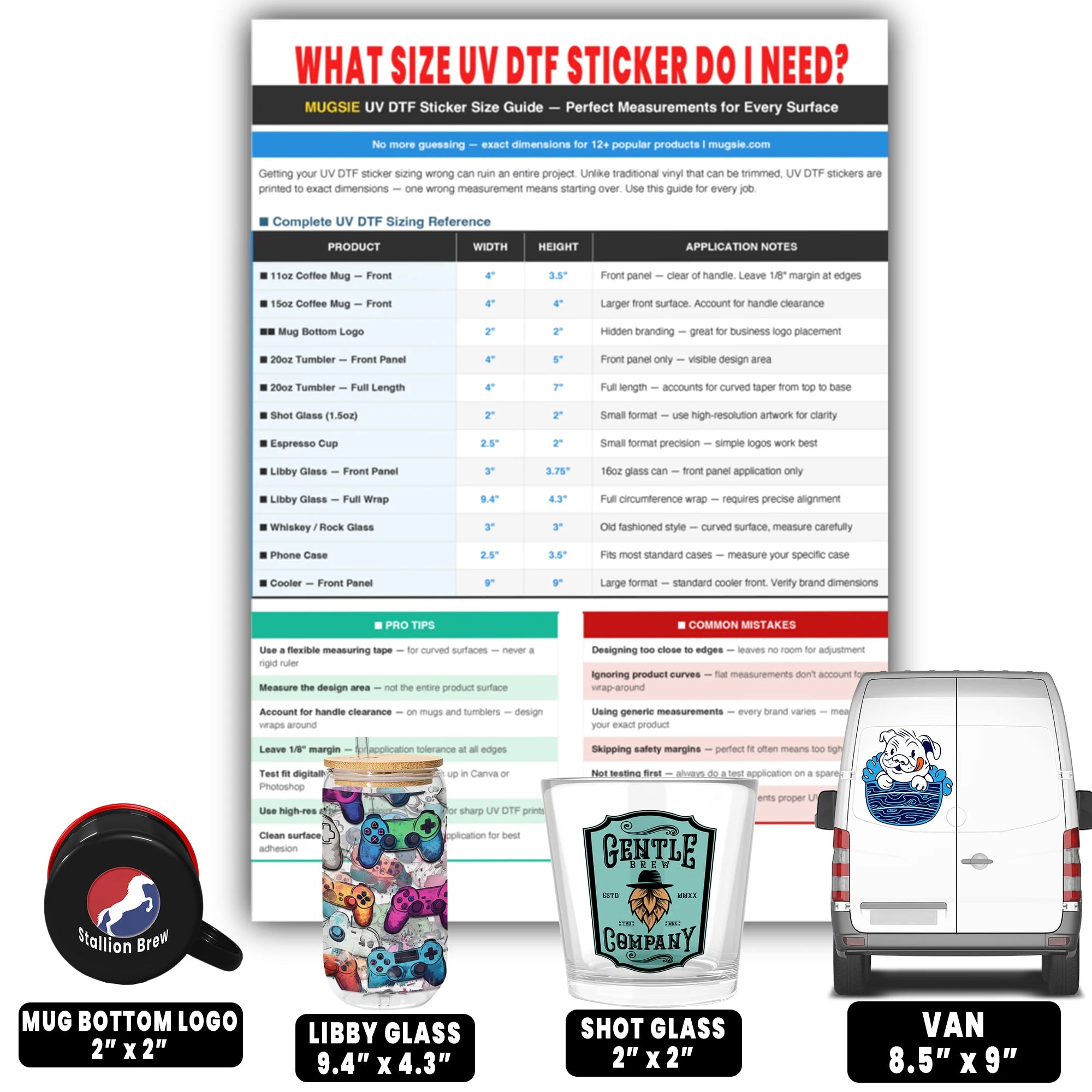 Mugsie UV DTF sticker size guide showing exact dimensions for mug bottom logos, Libby glass, shot glass and large surface applications