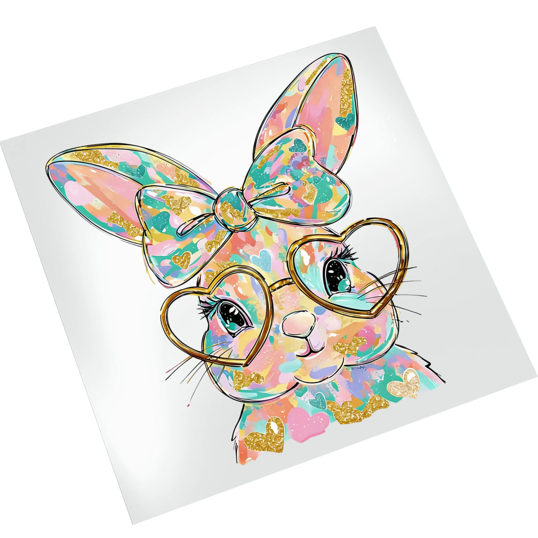 Easter bunny heat transfer on white background showing cute rabbit face with gold heart glasses and artistic paint effects for t-shirt application