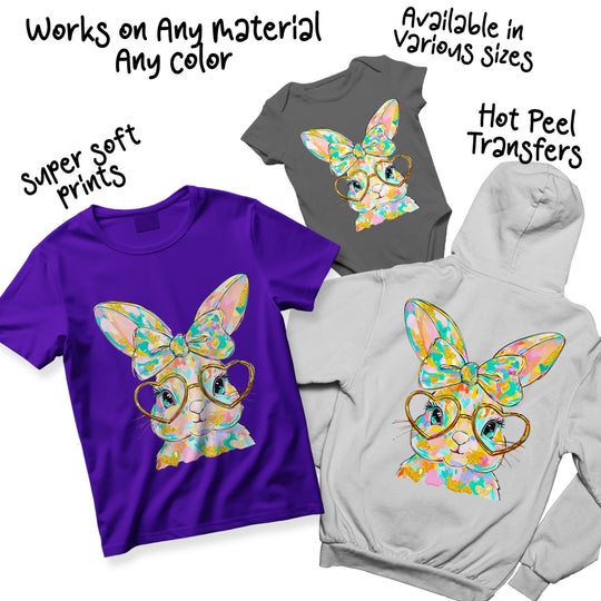 Multiple color variations of Easter bunny DTF transfer design displaying different pastel color combinations with consistent gold accent elements
