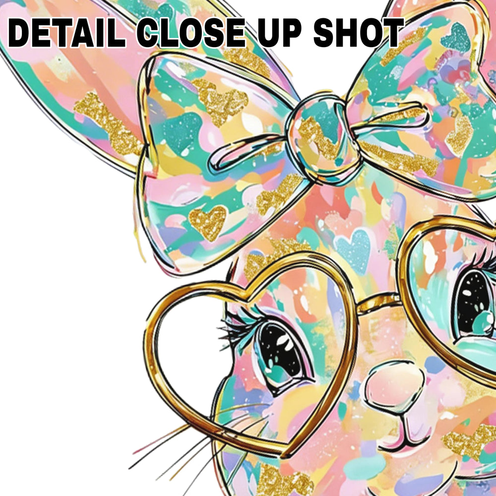 Easter bunny DTF transfer design with heart-shaped glasses, bow, and watercolor paint splashes in pastel pink, teal, and gold colors