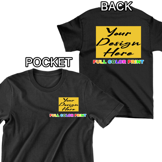 Personalized black t-shirt with full color pocket and back print - custom logo DTF printing