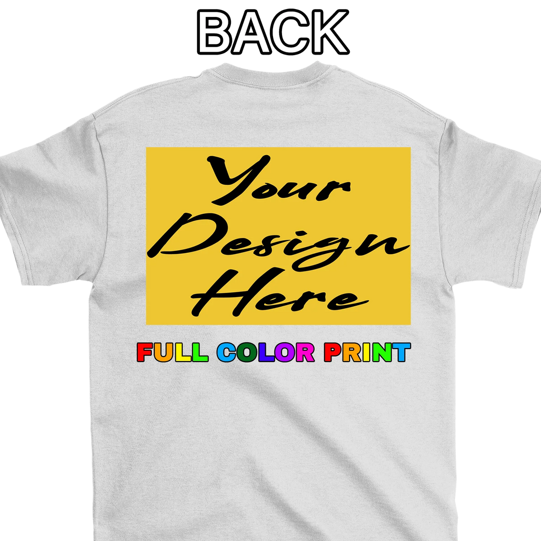 Custom white t-shirt with full color back print - personalized design DTF printing