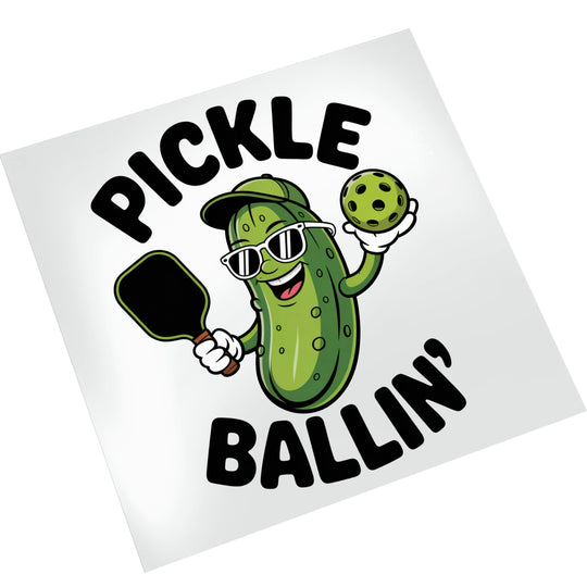 Pickleball DTF transfer on white background showing cartoon pickle with sunglasses, paddle and ball ready to press on shirts
