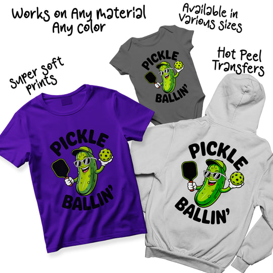 Multi-color variations of pickleball pickle DTF transfer showing different color options for the fun character design