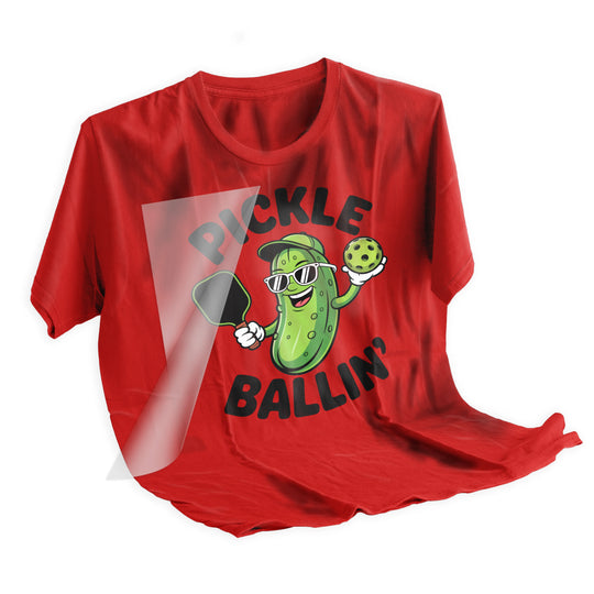 Pickleball pickle DTF transfer applied to t-shirt showing final result after heat press application