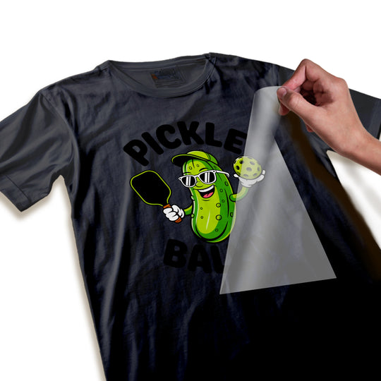 Close-up detail of pickleball pickle DTF transfer showing vibrant colors and sharp print quality of character design