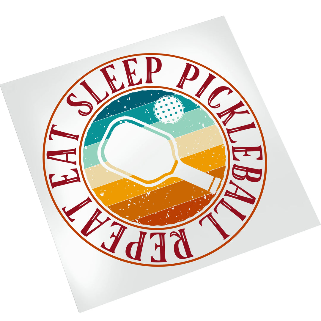 Pickleball vintage badge DTF transfer on white background showing detailed weathered texture effects and sunset color gradient from teal to orange