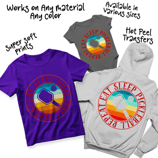 Collection of pickleball DTF transfers in different color variations showing vintage badge design with paddle graphics and motivational text