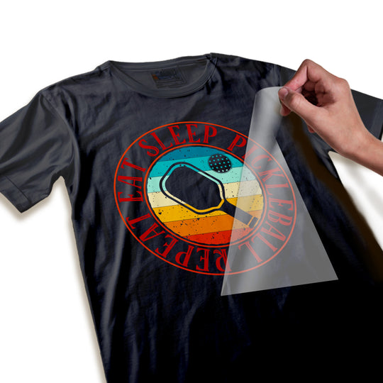 Close-up detail of pickleball DTF transfer showing high-quality print resolution, weathered texture effects, and smooth gradient transitions in the vintage badge design