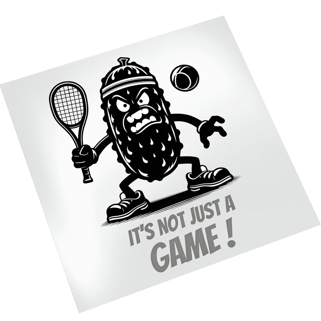 Pickleball DTF transfer showing cartoon pickle mascot with racket and motivational sports text ready for heat pressing