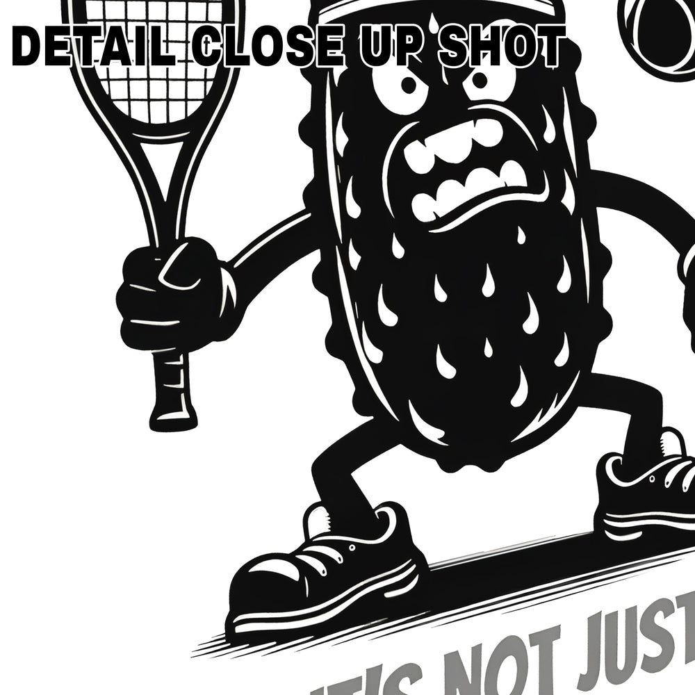 Angry pickle character DTF transfer design with tennis racket and ball saying It's Not Just A Game on white background
