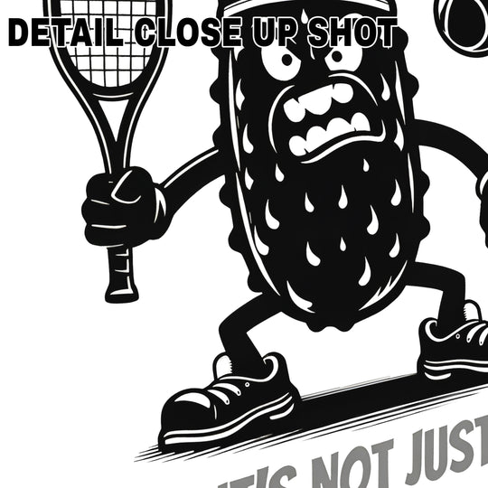 Angry pickle character DTF transfer design with tennis racket and ball saying It's Not Just A Game on white background